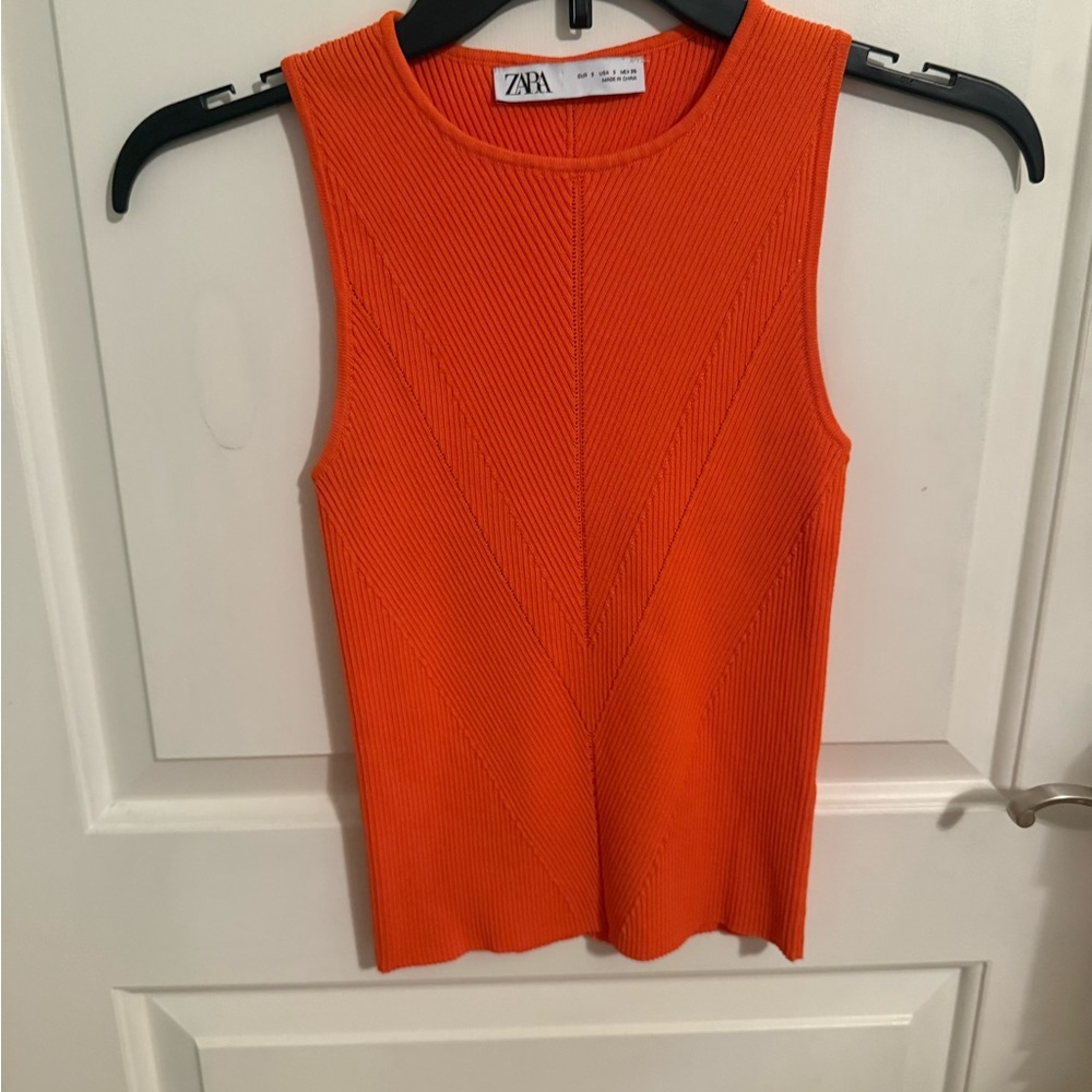 Zara Women's Orange Ribbed Tank Top